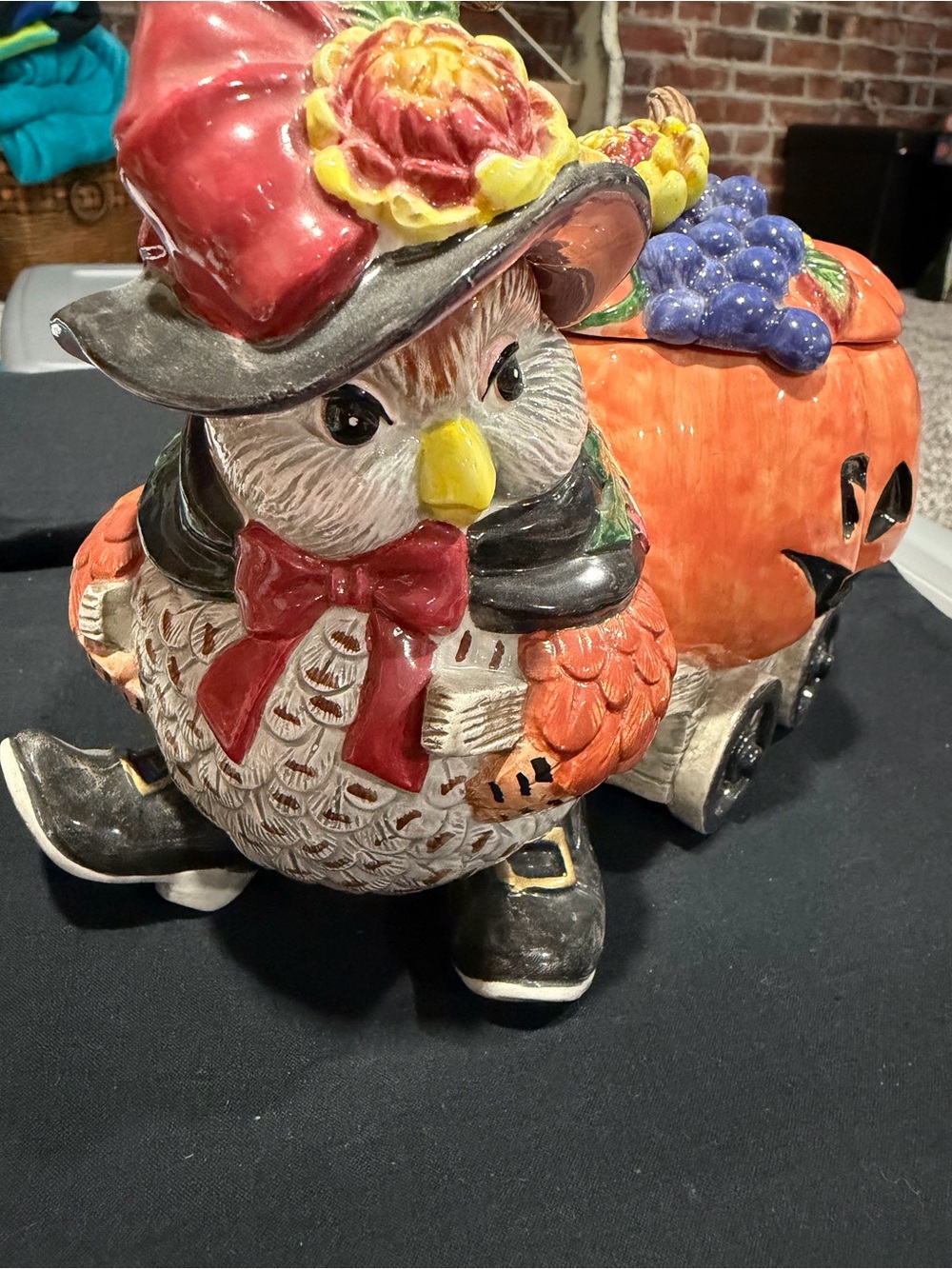 Fits and Floyd Hand-Painted Ceramic Owl with Pumpkin Wagon - Autumn Decor